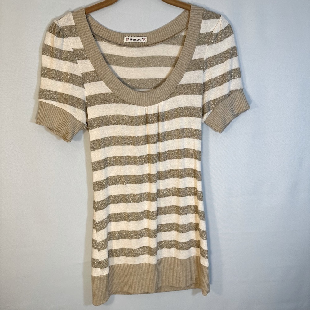 Forever Cream Gold Glitter Striped Blouse Sweater Short Sleeve Knit Stretch Sz M